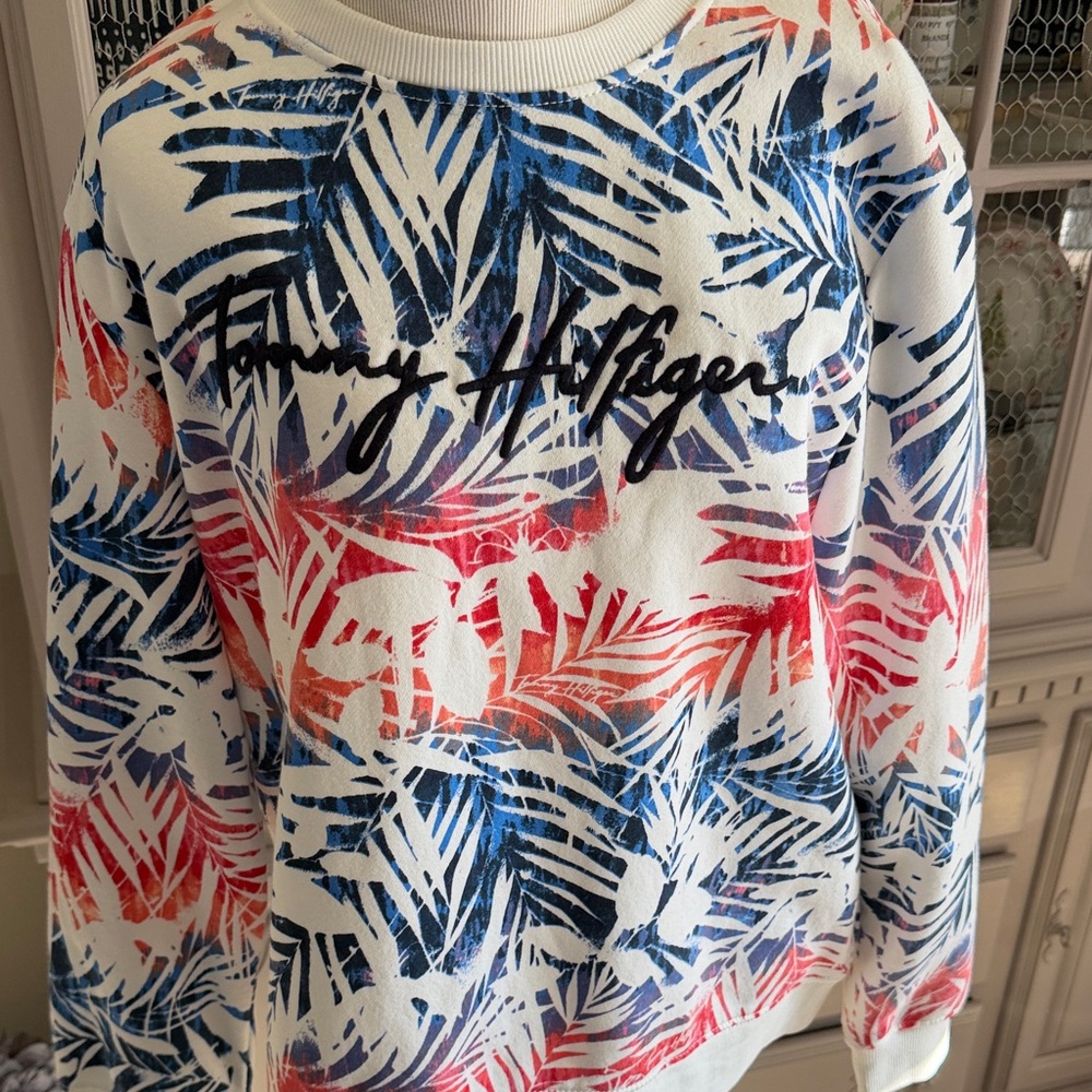Tommy Hilfiger Blue and Red Leaf Print Sweatshirt